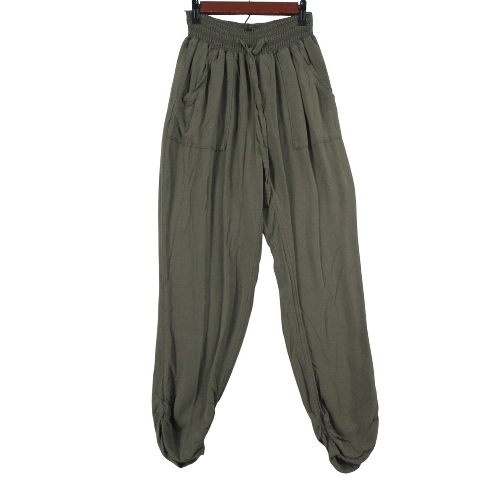 Cisono Rayon Collection Olive Green Smocked Waist Harem Jogger Pants Large